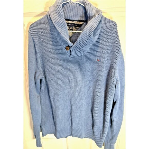Tommy Hilfiger Men’s Blue Cotton Cable Knit Sweater XL Cowl Neck Pullover EUC - Picture 1 of 7